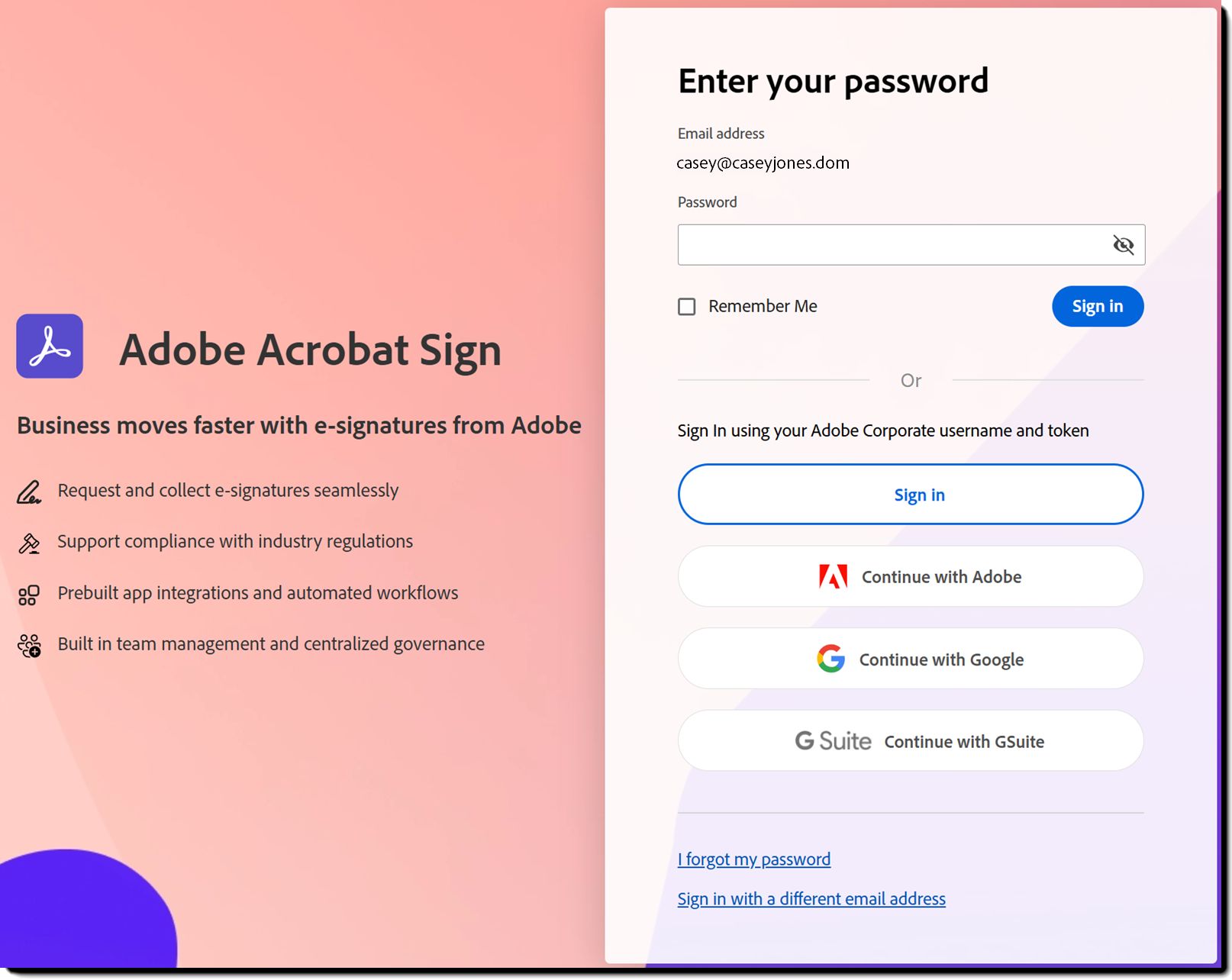显示 Adobe 的“联合登录”按钮的 Acrobat Sign 登录页面