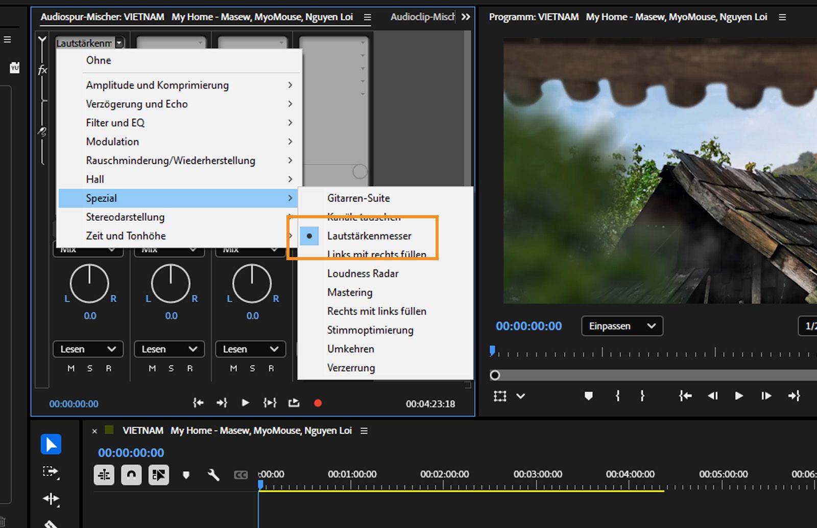 „Lautstärkemessung“ und „Lautstärkeradar&quot; sind unter der Option „Spezial&quot; im Effekte-Rack-Bedienfeld verfügbar.