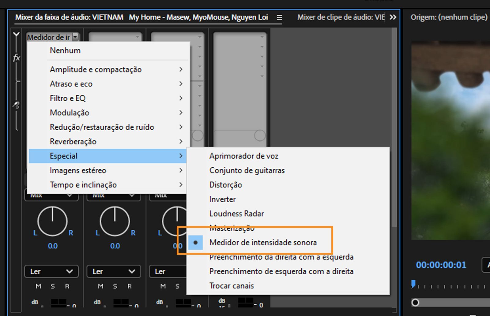 O Medidor de Intensidade e o Radar de Intensidade estão disponíveis na opção Especial no painel Rack de Efeitos.
