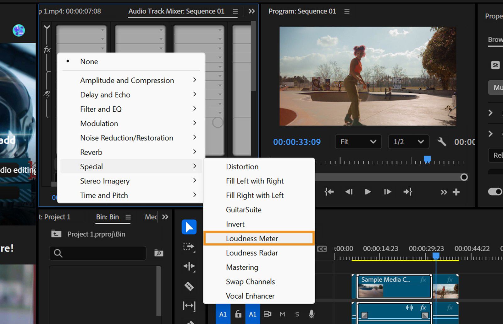 可在“效果组”面板的“特殊”选项下访问响度计和响度雷达。