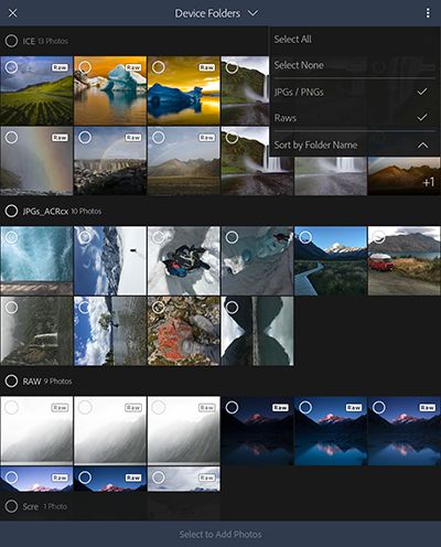 Importere bilder fra kamerarull eller galleri i enhetsmappevisning.