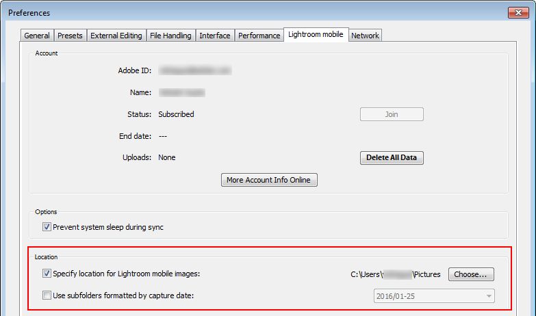 Lokalizacja synchronizacji programu Lightroom na urządzenia mobilne