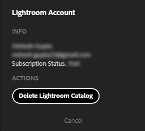 Lightroom Web 版における「Lightroom カタログの削除」アクションの確認