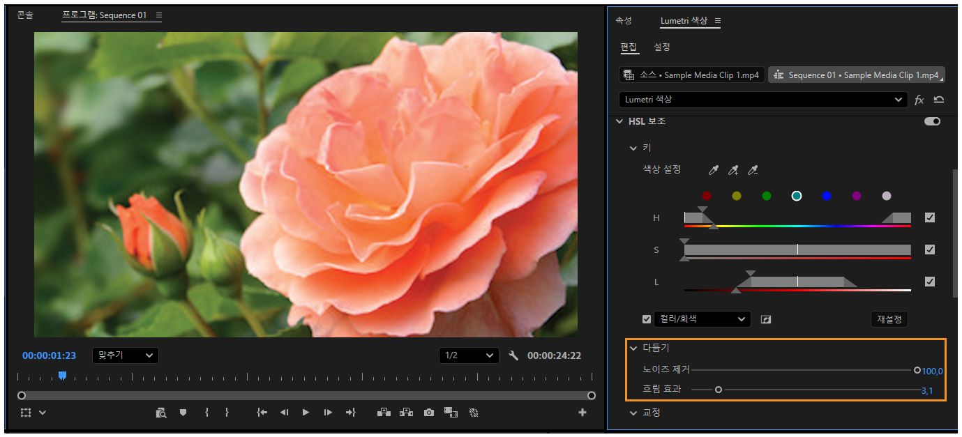 Lumetri Color 패널의 ‘세부 설정’ 섹션에 있는 ‘Denoise’ 및 ‘Blur’ 슬라이더를 사용하여 분리된 색상 영역을 부드럽게 처리하는 모습.