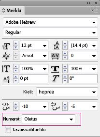 InDesign-merkkipaneeli, jossa näkyvällä avattavalla lukutyyppivalikolla voi valita heprean numerotyypin.
