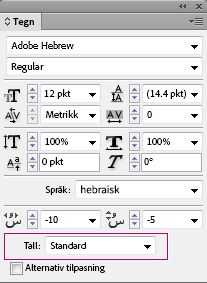 Tegn-panelet i InDesign viser rullegardinlisten Tall for valg av hebraisk talltype.