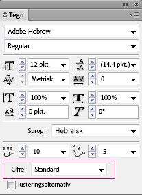 InDesign-tegnpanelet, der viser rullemenuen Cifre, til at vælge hebraisk taltype.