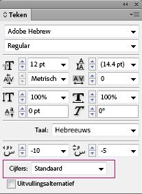 In het deelvenster Teken van InDesign vindt u de vervolgkeuzelijst Cijfers om Hebreeuwse numerieke tekst te selecteren.