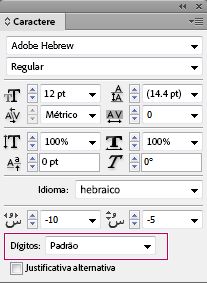 Painel Caractere do InDesign mostrando o menu suspenso Dígitos para selecionar o tipo de numeral hebraico.