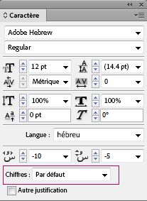 Panneau Caractère InDesign affiche la liste déroulante des chiffres pour sélectionner le type numérique hébreu.