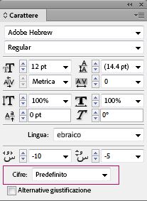 Il pannello Carattere di InDesign mostra il menu a discesa Cifre per selezionare il tipo di numerazione ebraica.