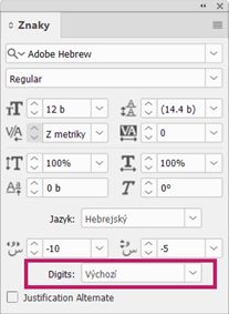 Panel Znaky aplikace InDesign zobrazující rozevírací seznam Číslice pro výběr hebrejského číselného typu.