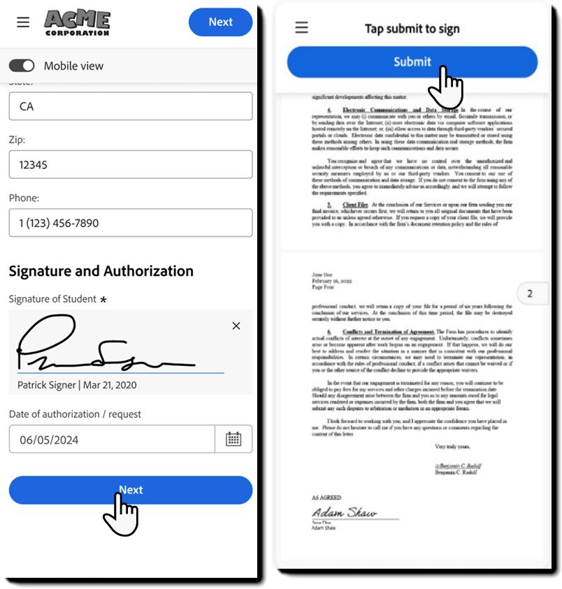 署名フィールドが表示されているモバイルフォーカスエクスペリエンス。