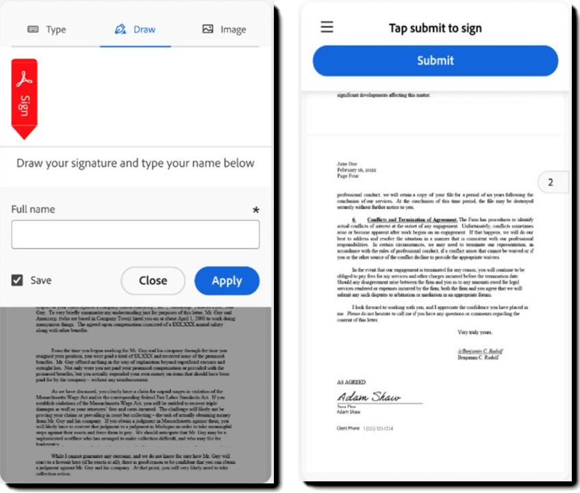 モバイルを中心とする署名環境で、署名および送信パネルがハイライト表示されます。