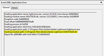 Windows 이벤트 뷰어에 오류 모듈로 MSVCR120.dll이 표시됩니다