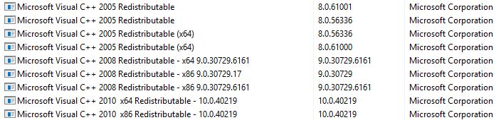 Desinstale todas as versões do Microsoft Visual C++ 2005, 2008 e 2010 redistributable packages.