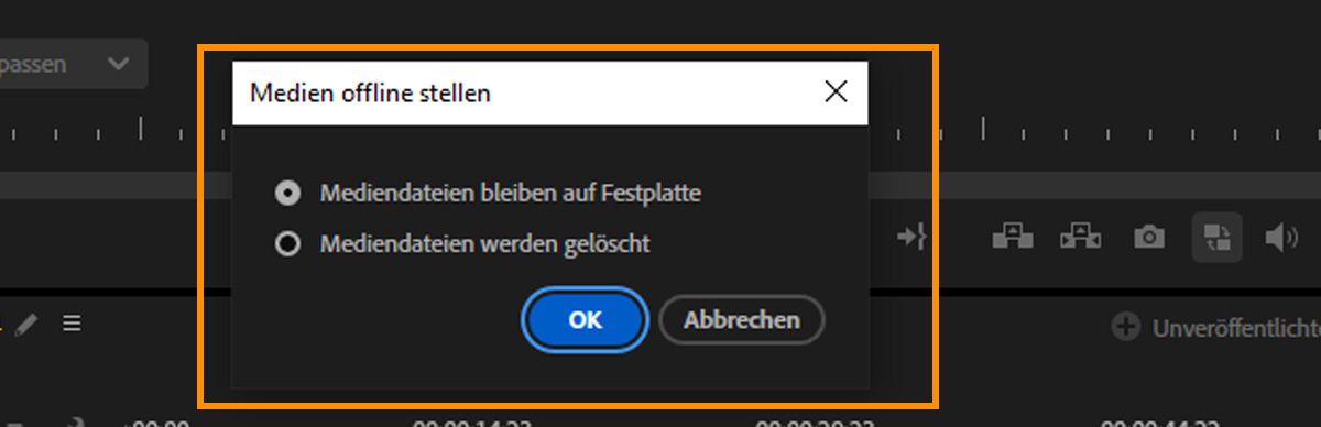 Dialogfeld „Offline machen“ mit Optionen, um Mediendateien auf der Festplatte zu behalten oder zu löschen, wenn Clips offline gemacht werden.