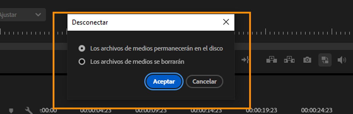 Diálogo Make Offline con options para mantener archivos de medios en disco o eliminarlos cuando los clips se hacen sin conexión.