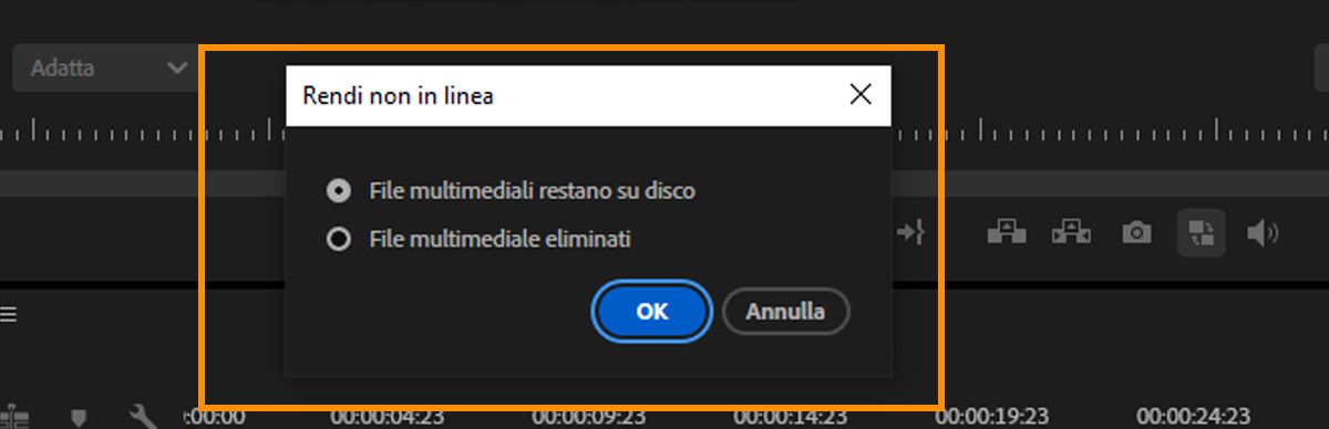 Finestra di dialogo Make Offline con opzioni per mantenere i file media su disco o eliminarli quando le clip vengono rese offline.