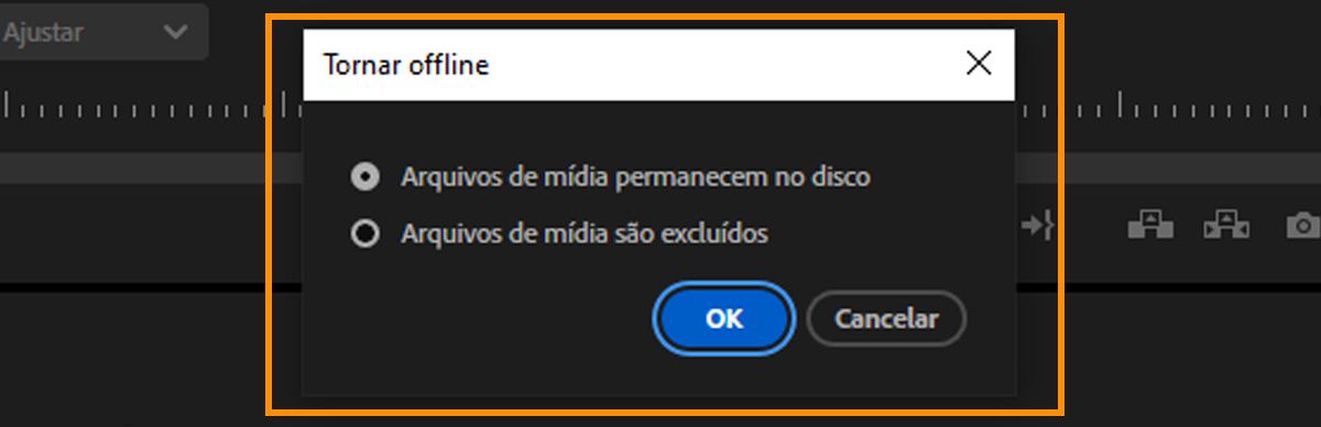 Diálogo Tornar offline com opções para manter arquivos de mídia no disco ou apagá-los quando clipes são feitos offline.