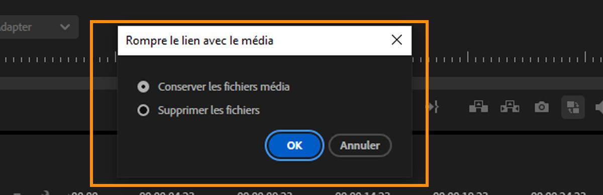 Boîte de dialogue Mettre hors ligne avec les options permettant de conserver les fichiers médias sur le disque ou de les supprimer lorsque les clips sont mis hors ligne.