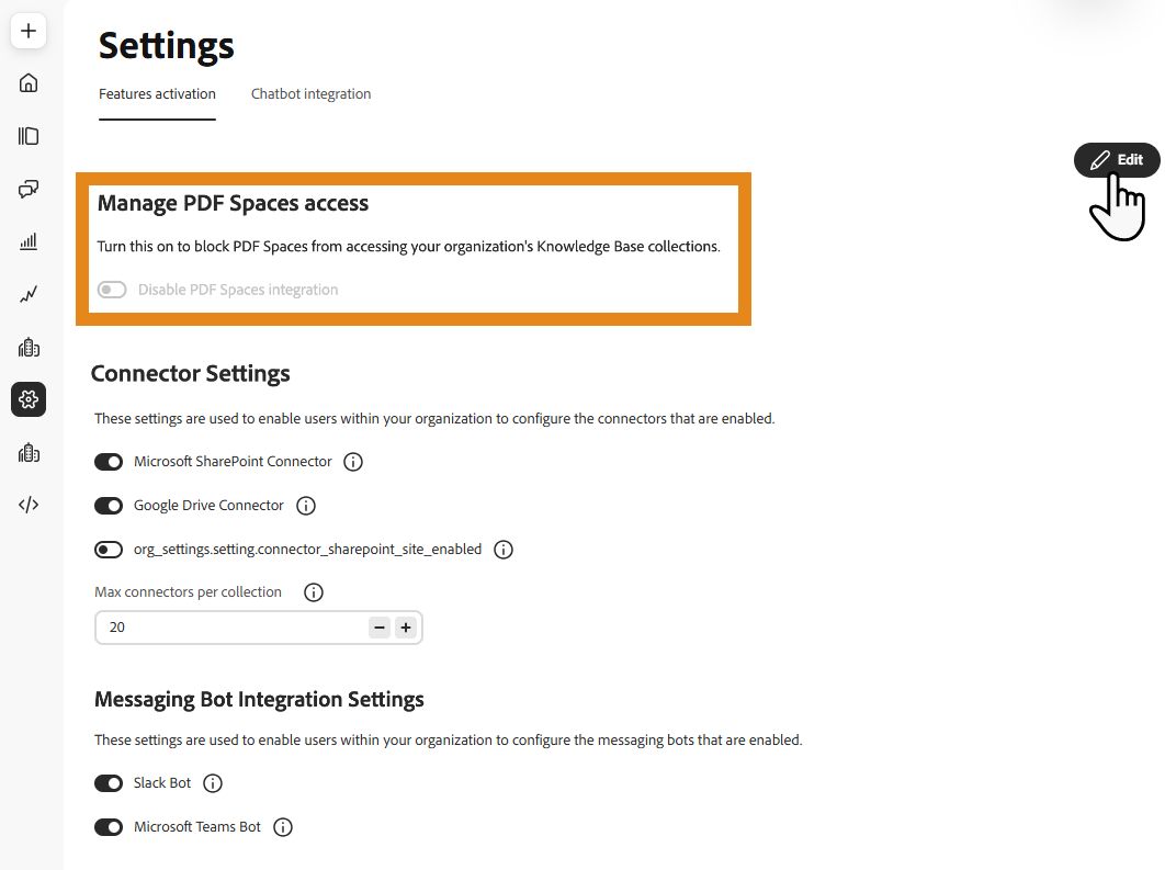 Knowledge Base Indstillinger-siden viser Administrér PDF Spaces-adgang med Deaktivér PDF Spaces-integration-kontakten fremhævet.