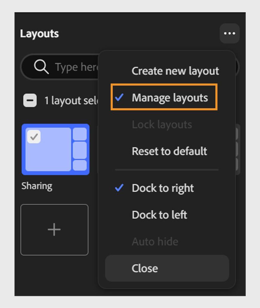 Layout panel options menu showing the option to manage the layouts