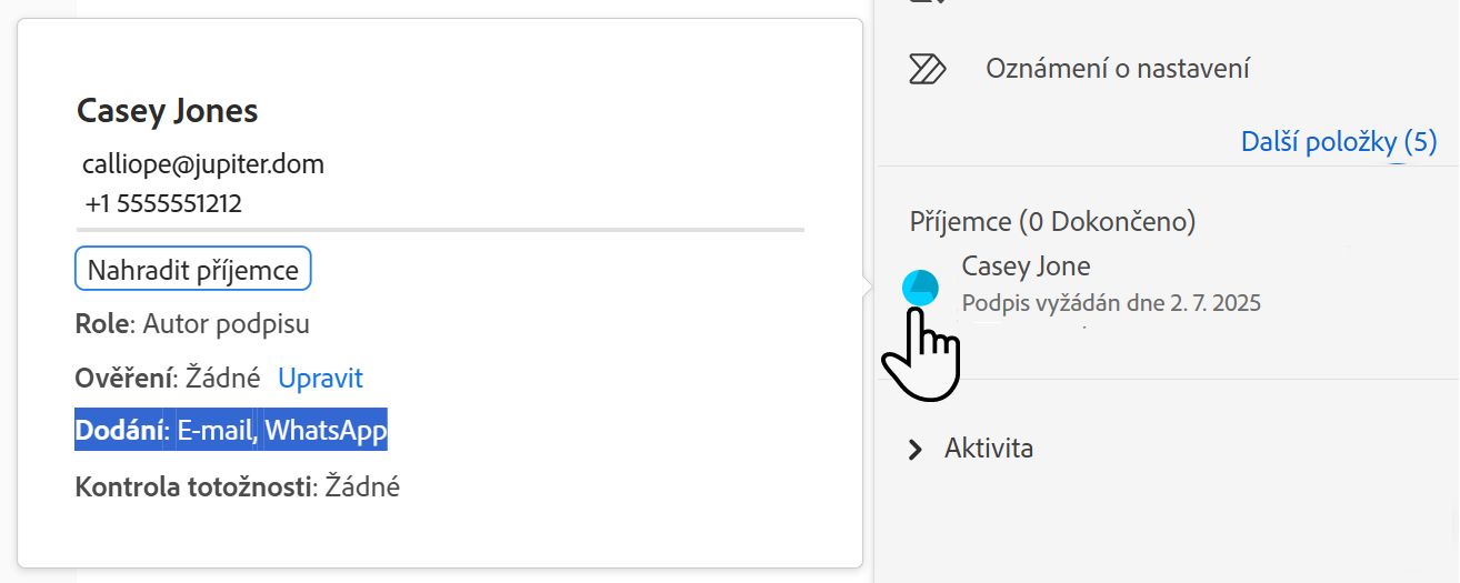 Záznam příjemce se zvýrazněním způsobu doručení SMS a telefonního čísla, na které je doručováno