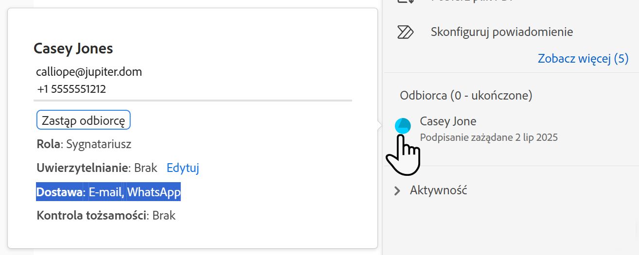 Rekord odbiorcy podkreślający metodę dostarczania wiadomości SMS i numer telefonu, na który jest ona dostarczana