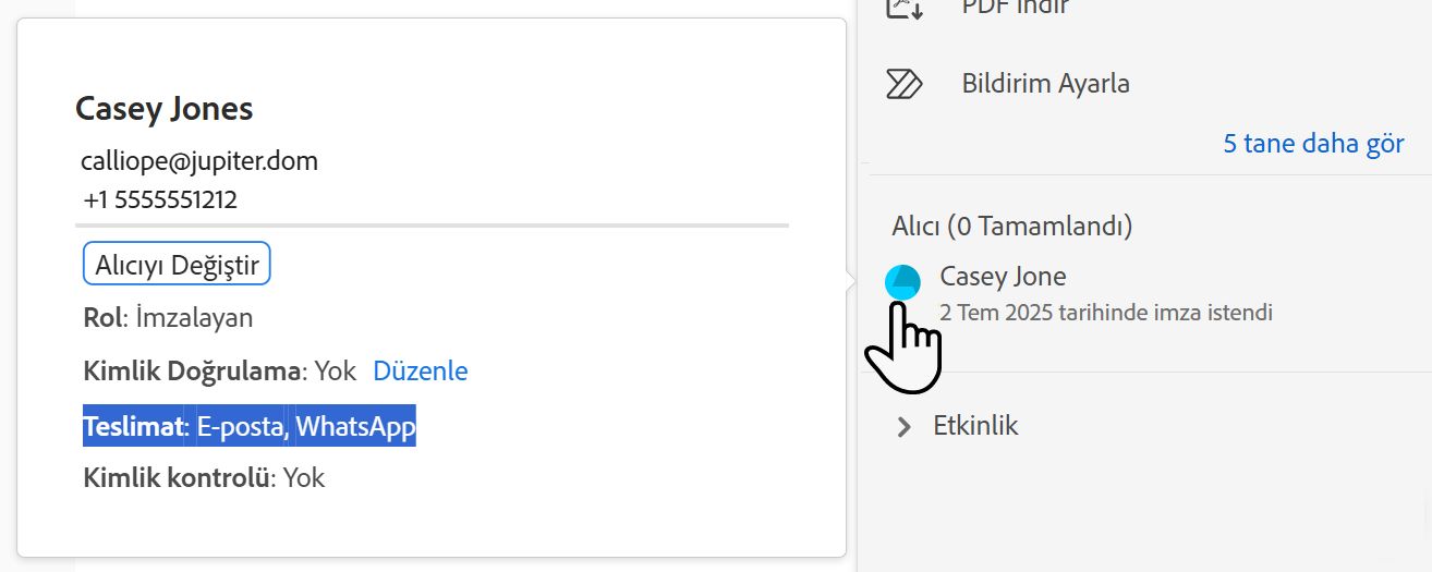 SMS gönderme yöntemini ve gönderilen telefon numarasını vurgulayan alıcı kaydı