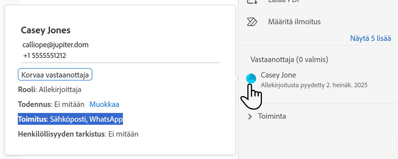 Vastaanottajatietue, jossa on korostettuna tekstiviestien toimitustapa ja puhelinnumero, johon viestit toimitetaan
