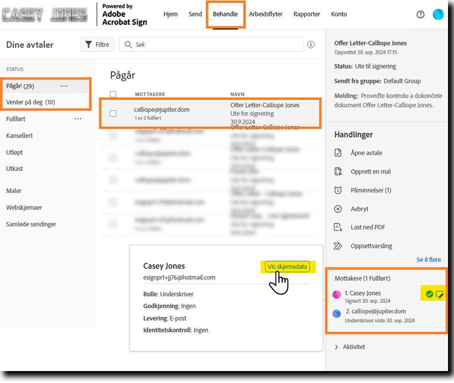 Behandle-siden med mottakerdetaljer utvidet og Vis fremdrift-knappen uthevet.