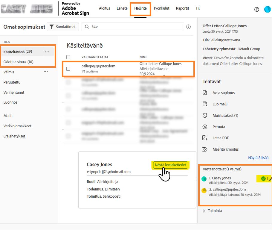 Hallinta-sivu, jossa vastaanottajan tiedot on laajennettu ja Näytä edistyminen -painike on korostettu.