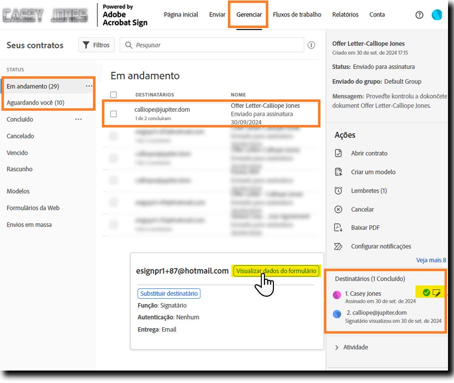 A página “Gerenciar” com os detalhes do destinatário expandidos e o botão “Exibir progresso” realçado.