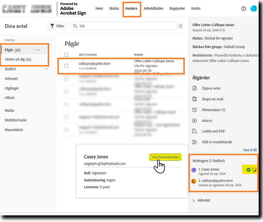 Sidan Hantera med information om mottagaren expanderad och knappen Visa framsteg markerad.