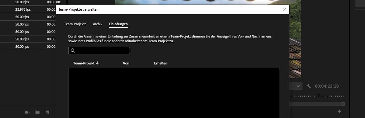 Das Dialogfeld „Team-Projekte verwalten“ ist geöffnet, und unter dem Tab „Einladungen&quot; befindet sich eine Einladung zur Zusammenarbeit über Team Projects.