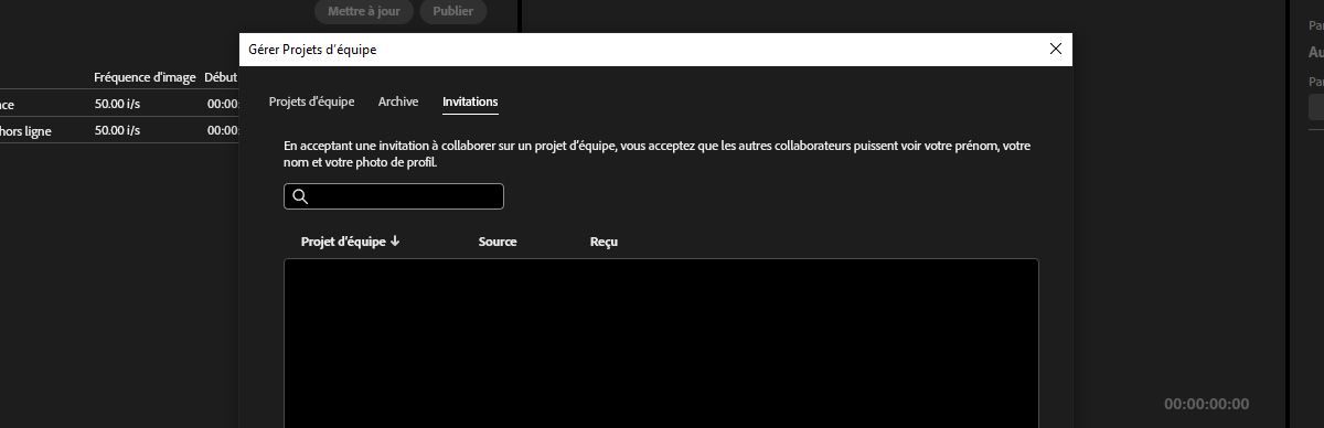 La boîte de dialogue Gérer les Team Projects est ouverte et, sous l'onglet Invitations, il y a une invitation à collaborer sur des Team Projects.