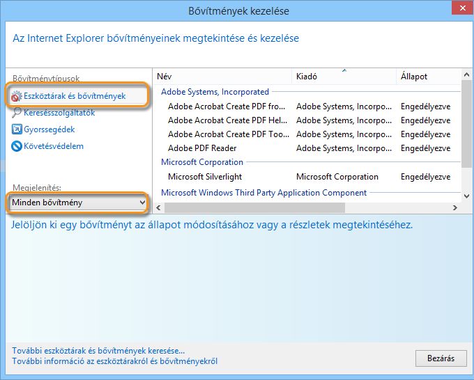 Bővítmények kezelése az Internet Explorer böngészőben