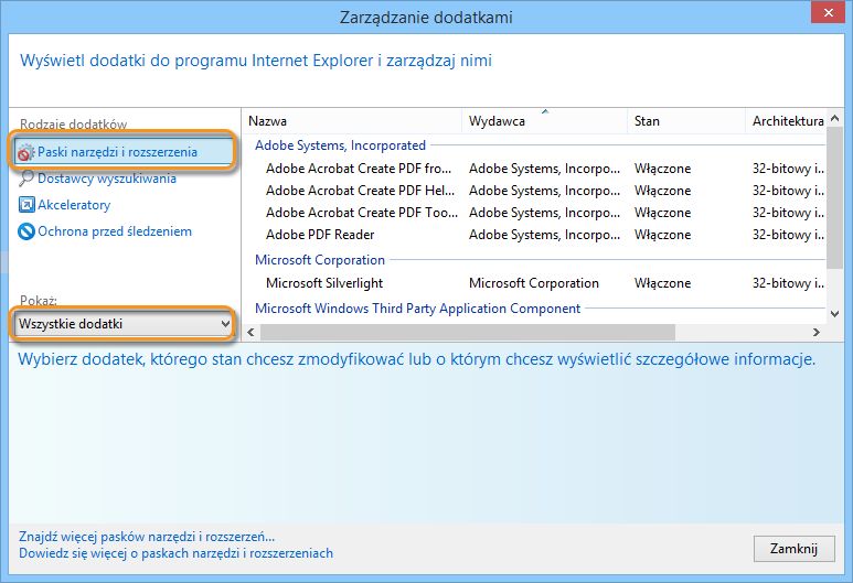Zarządzanie dodatkami w przeglądarce Internet Explorer