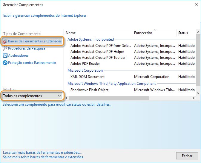 Gerenciar complementos no Internet Explorer
