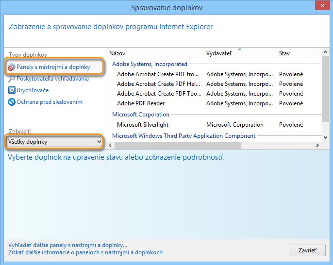 Správa doplnkov v programe Internet Explorer