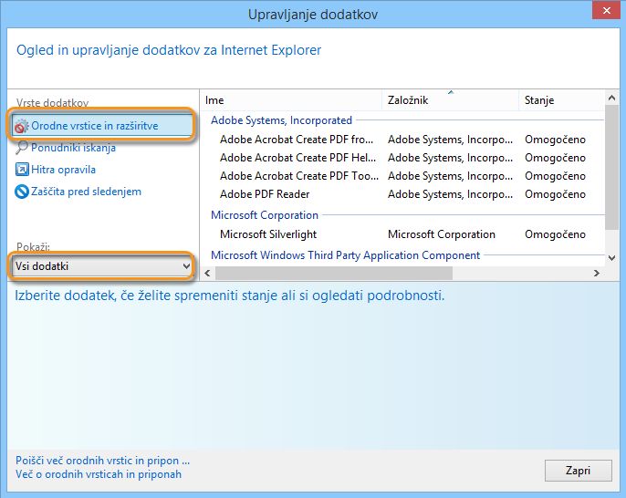 Upravljanje dodatkov v brskalniku Internet Explorer