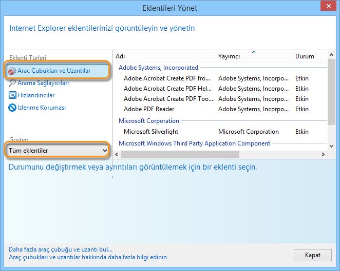 Eklentileri Internet Explorer&#39;da Yönetme