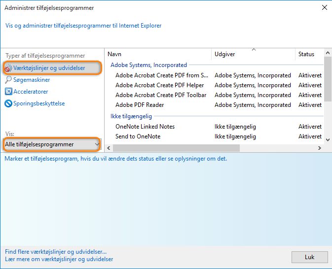 Administrer tilføjelsesprogrammer i Internet Explorer