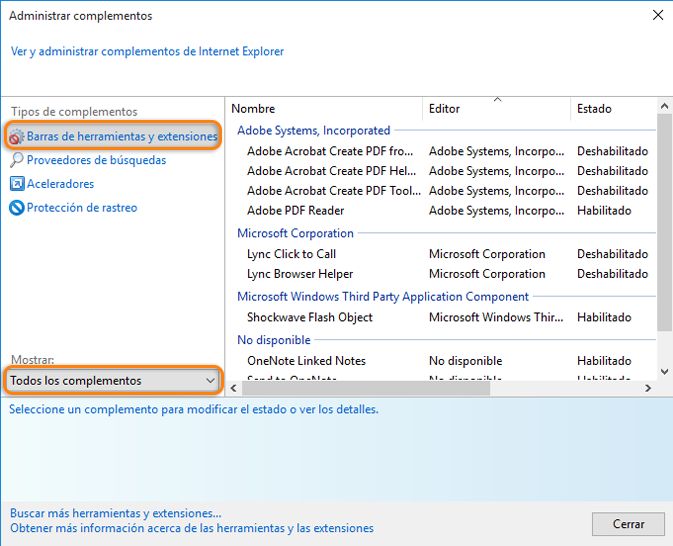 Administrar complementos en Internet Explorer