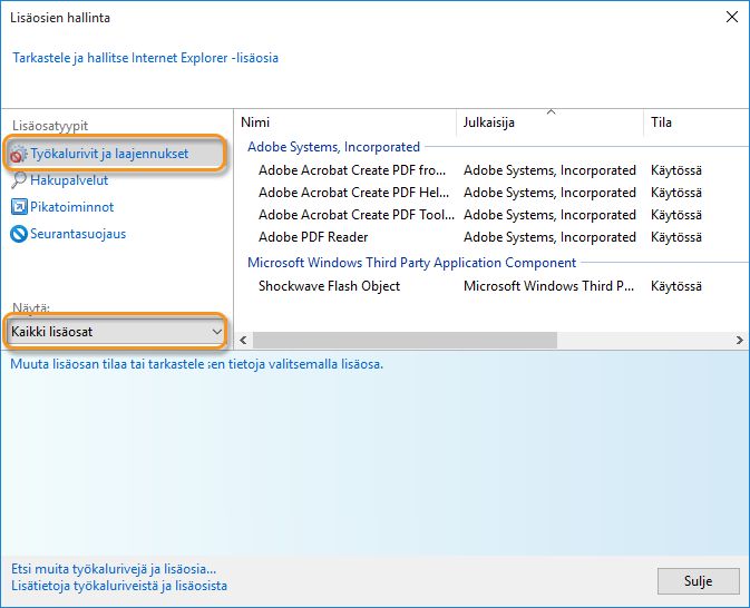 Internet Explorerin lisäosien hallinta