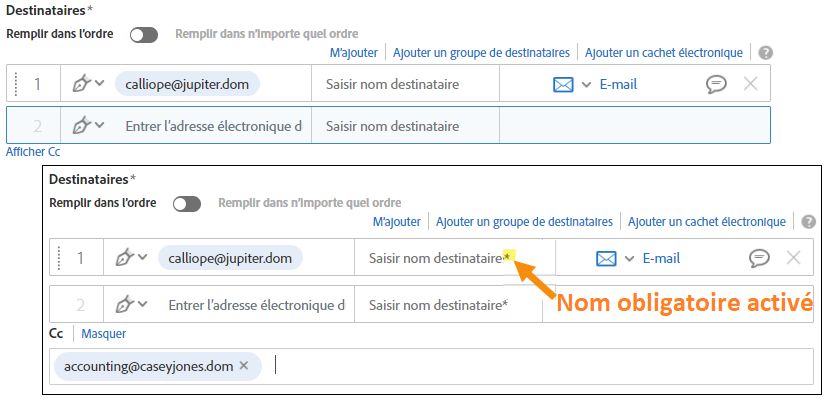 Option permettant d’exiger le nom du destinataire activée sur la page Envoyer