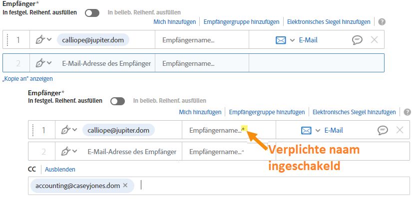 Erforderliche Eingabe des Empfängernamens auf der Seite „Senden“ aktiviert