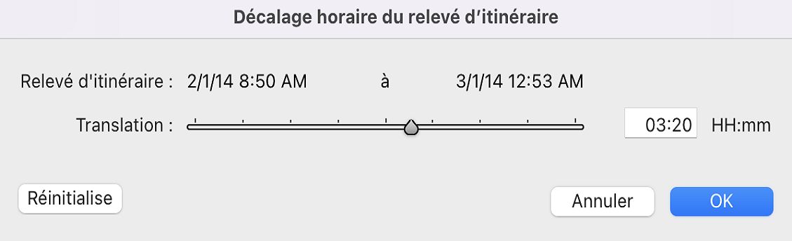 Boite de dialogue Décalage horaire du relevé d’itinéraire