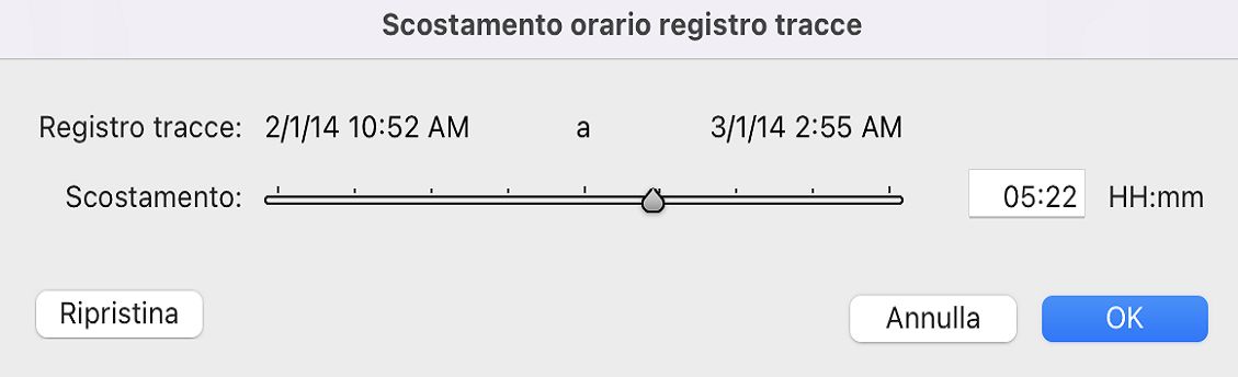 Finestra di dialogo Scostamento orario registro tracce